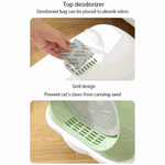 Pet litter box with deodorizer bag and grid design on a wooden surface