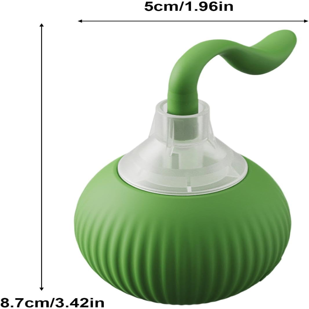 Green silicone bulb with a curved tip and measurements on a white background