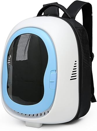 Pet carrier backpack with a blue border on a white background