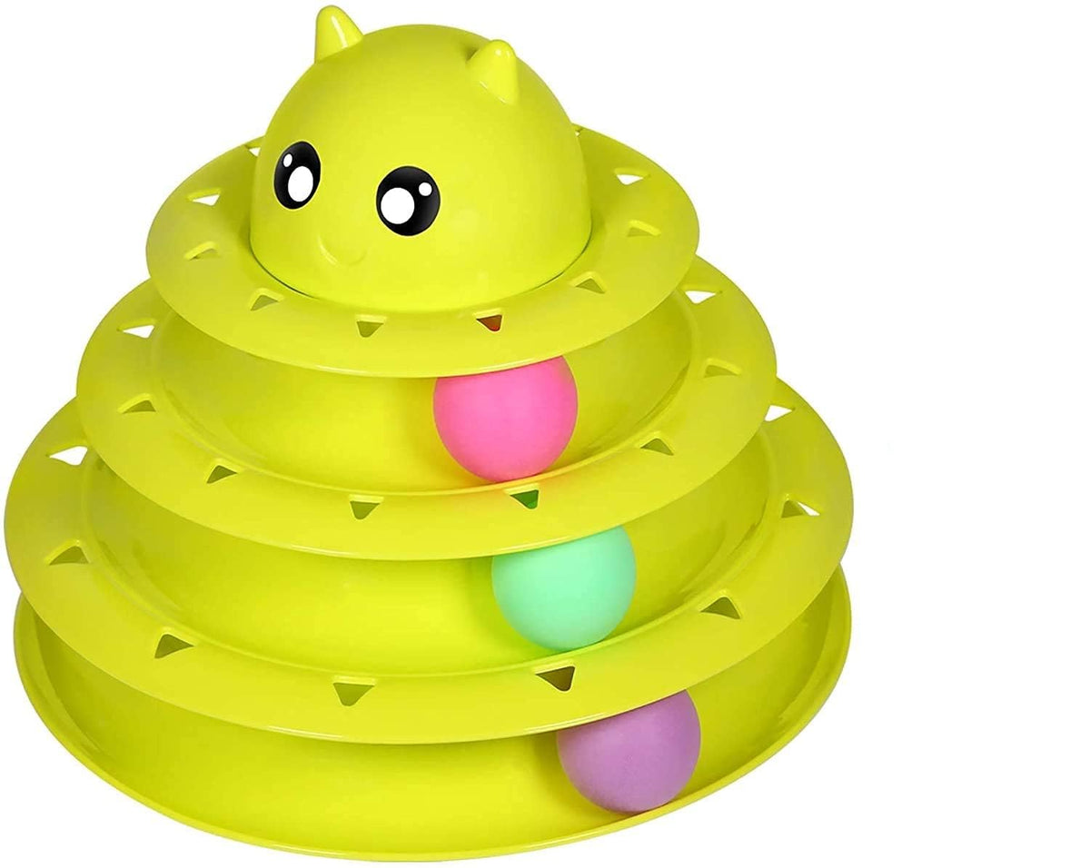Cat Toy Roller 3-Level Turntable Cat Toy Balls With Three Colorful Balls Yellow and Blue.