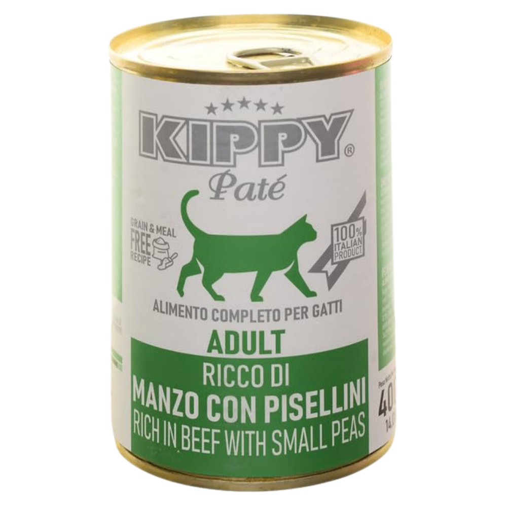 Kippy cat food can with green and white label