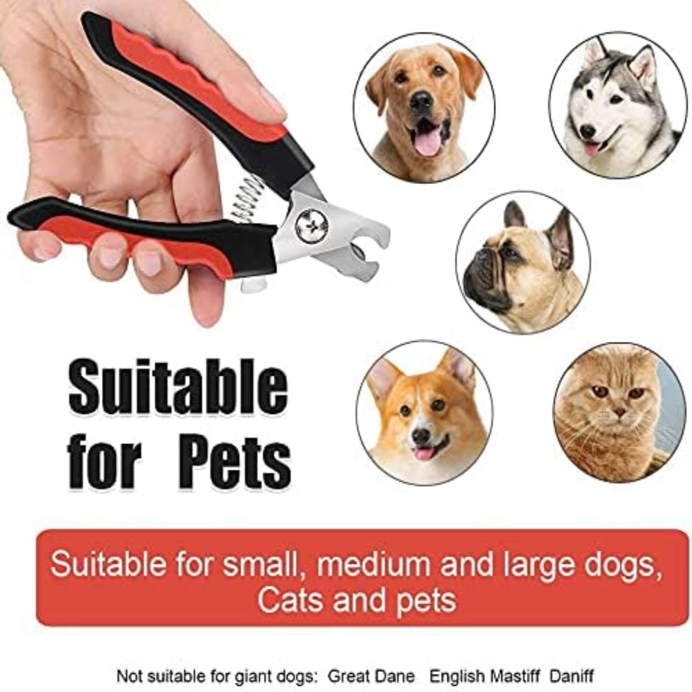Pet nail clipper with images of dogs and cats and text indicating suitability for pets.
