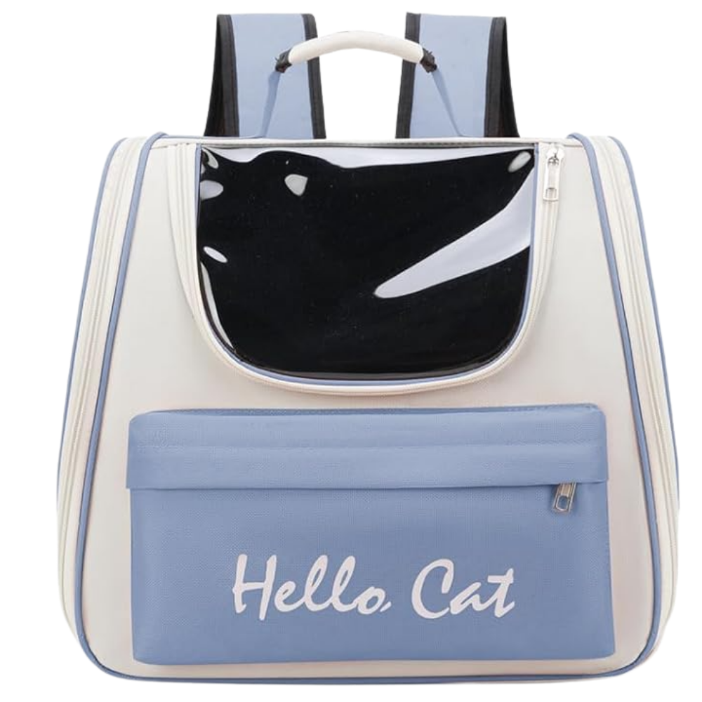 Pet carrier with a cat reflection on a white background, labeled 'Hello Cat'.