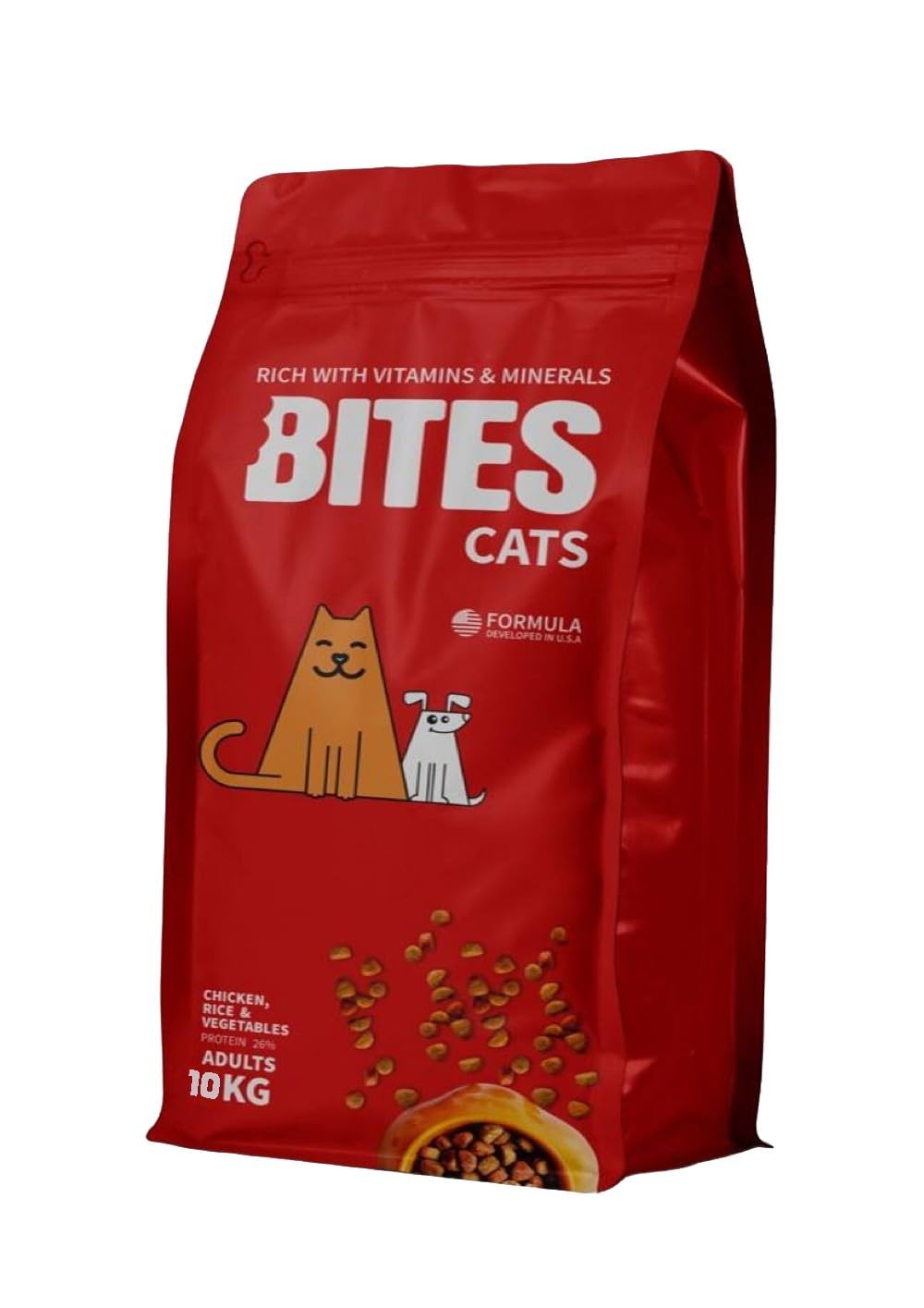 Bites Pawer Pets Adults Cats Dry Food, Chicken, Rice, And Vegetables - 10 Kg.