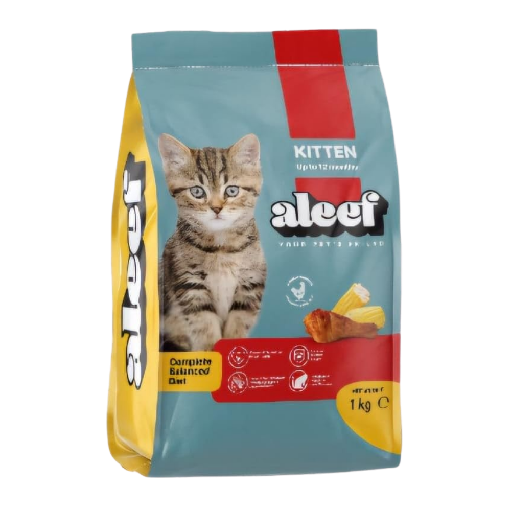 A packet of Alevi Kitten cat food with a kitten image on a white background