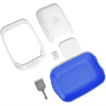 Cat litter box with blue tray, white lid, and scoop on a white background