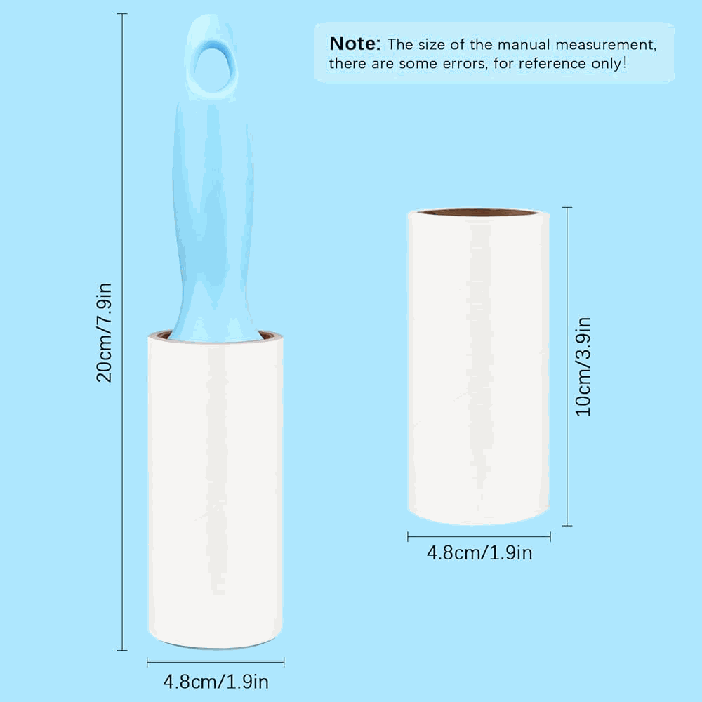 Measurement chart showing a blue handle and white roll with dimensions on a light blue background.