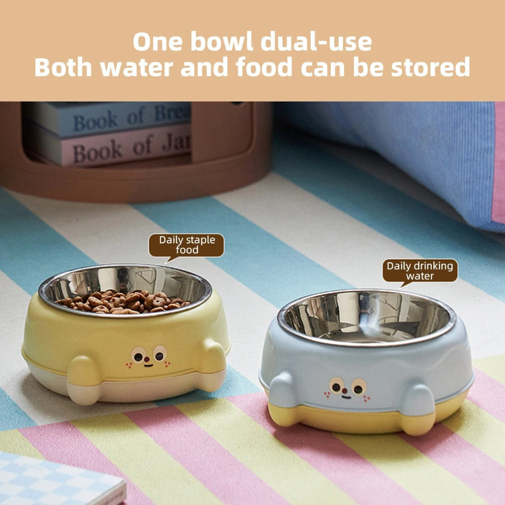 Two cartoon-style pet bowls on a striped surface with text indicating dual-use for water and food storage.