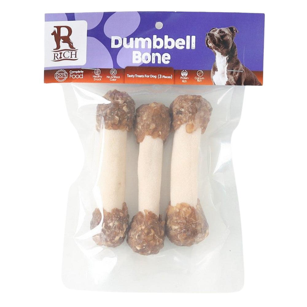 Packaged dog treats labeled 'Dumbbell Bone' by Rich, with a purple label and clear packaging.