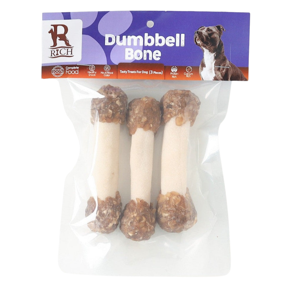 Packaged dog treats labeled 'Dumbbell Bone' by Rich, with a purple label and clear packaging.