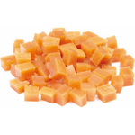 Stack of orange carrot cubes on a white background