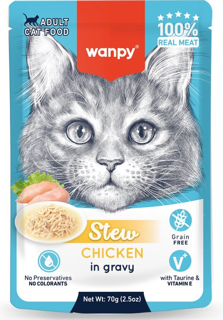 Wanpy cat food pouch with a kitten illustration on a blue background