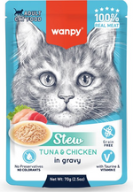 Wanpy cat food pouch with a kitten illustration on a blue background
