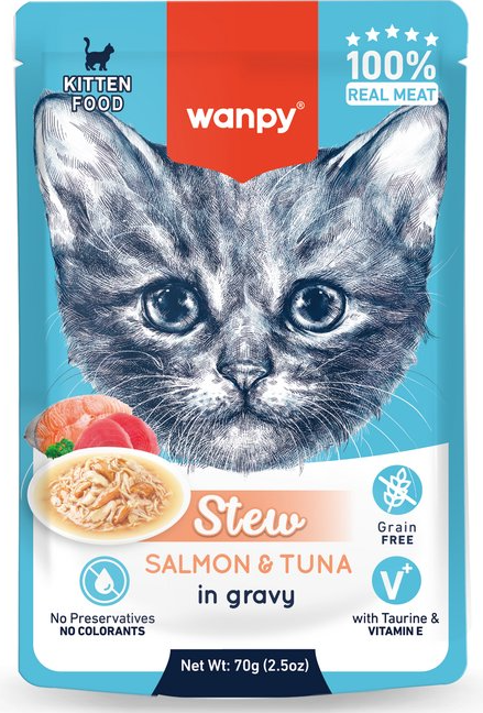 Wanpy kitten food pouch with a blue background and cat illustration.