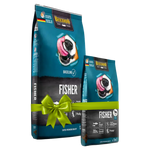Two packages of Fisher dog food with a green bow on a white background
