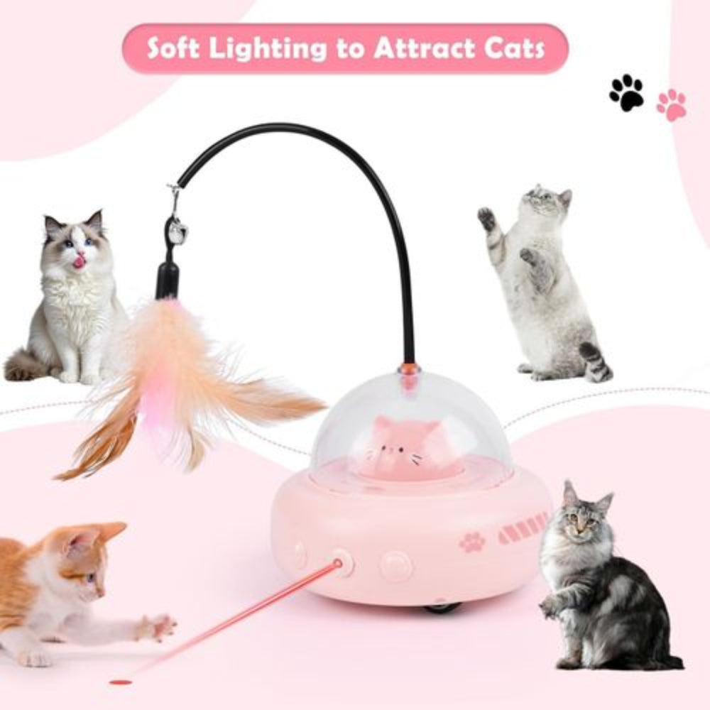 Cat toy with feather and laser pointer on a pink background, surrounded by images of cats playing.