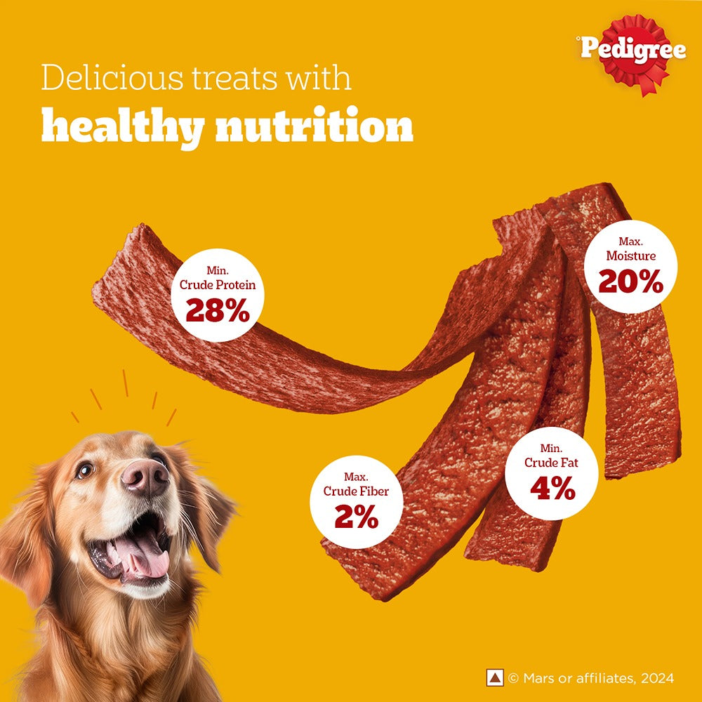 Pedigree dog treats with nutritional information on a yellow background