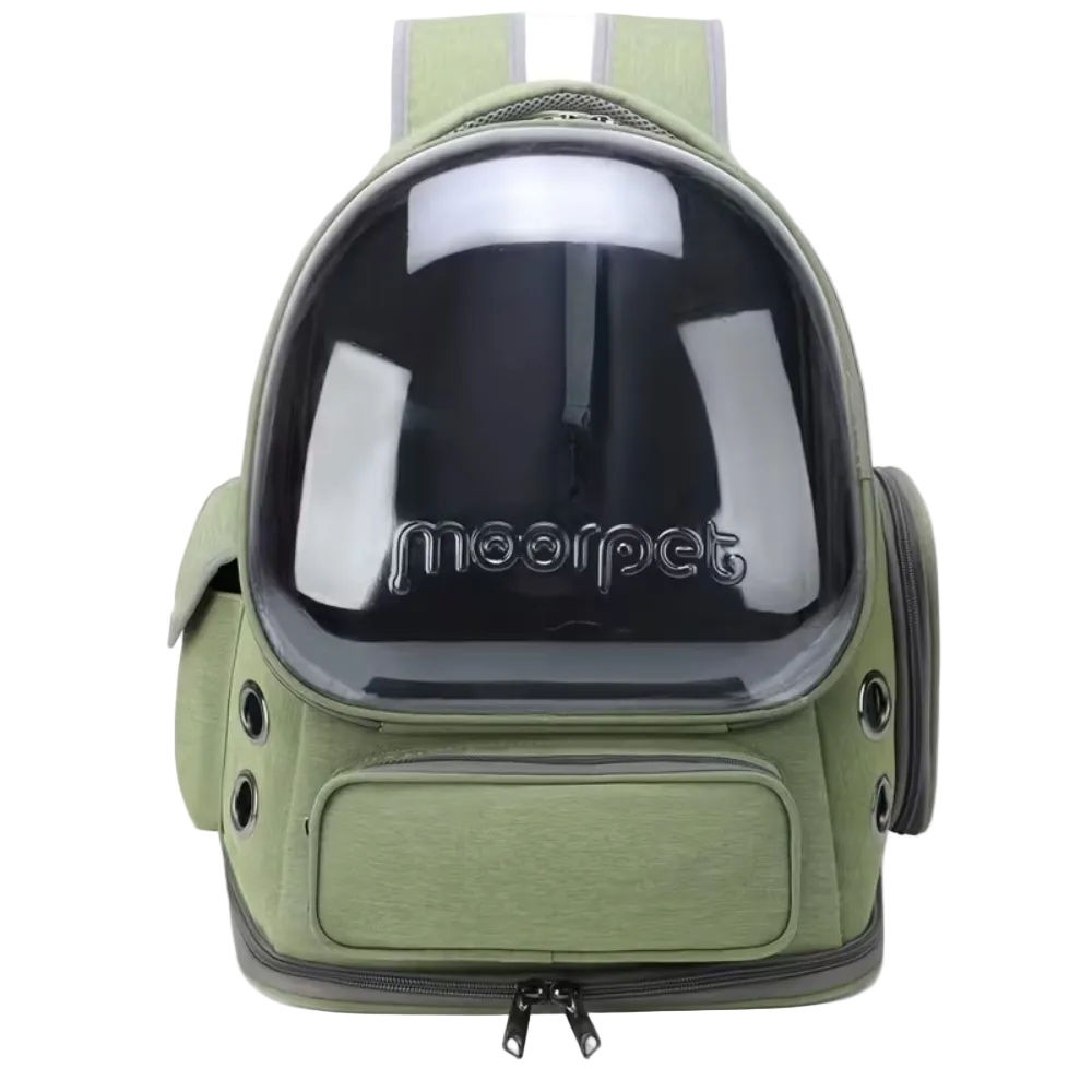 Green pet carrier with a clear front window on a white background