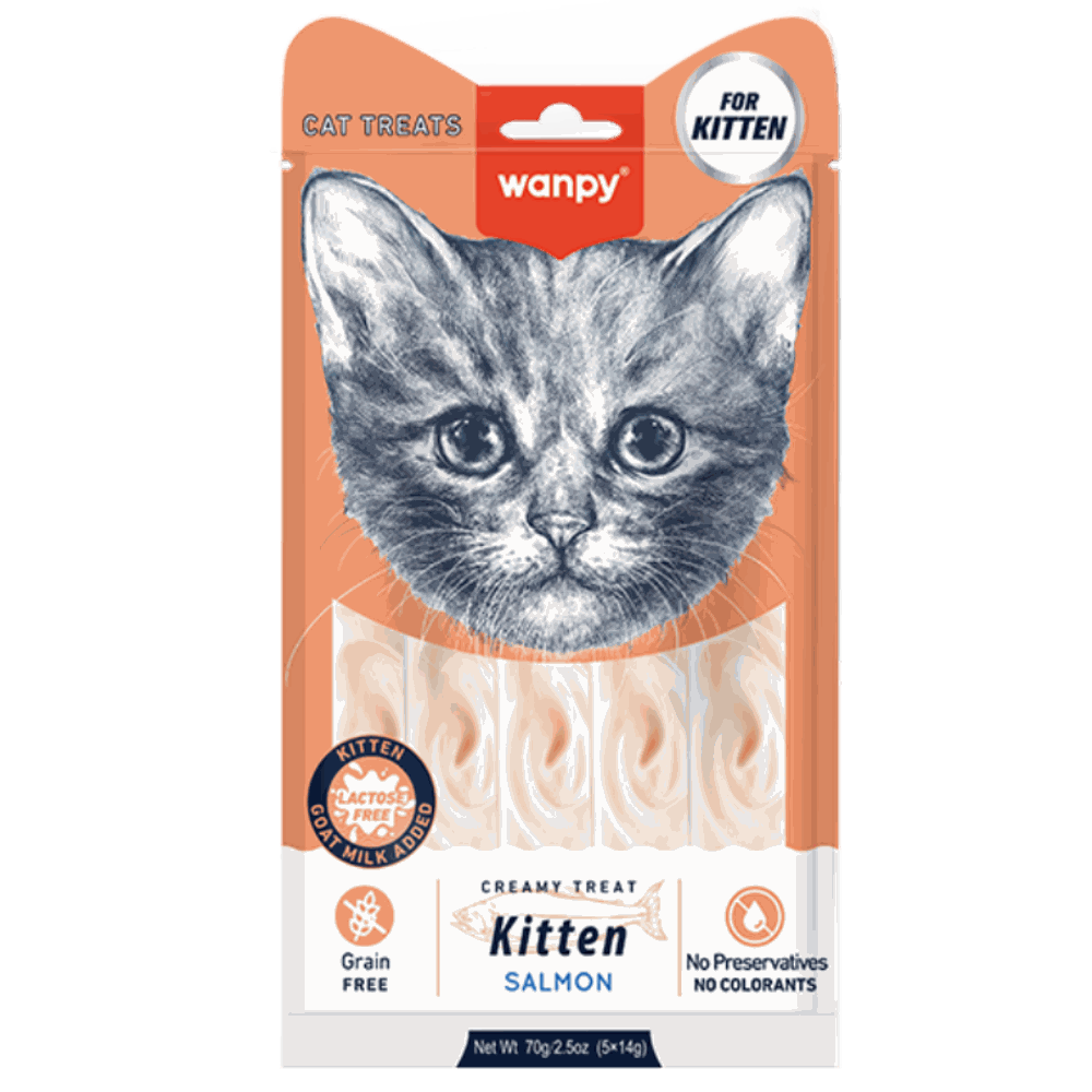 Wanpy cat treat package for kittens with salmon flavor on a white background