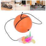 Cat toy with orange ball and feather attachments on a white background