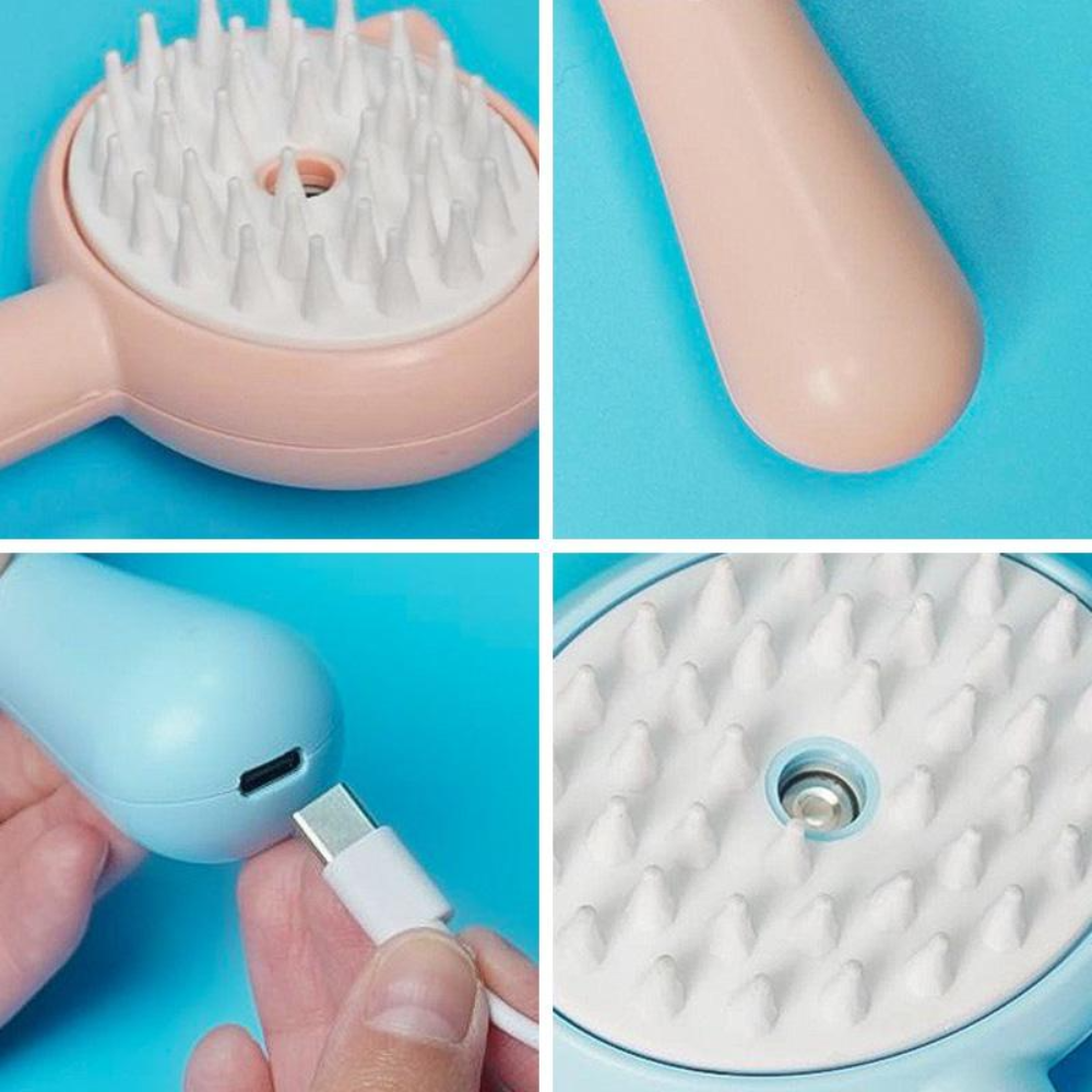 Collage of a handheld grooming tool with close-up details on a blue background