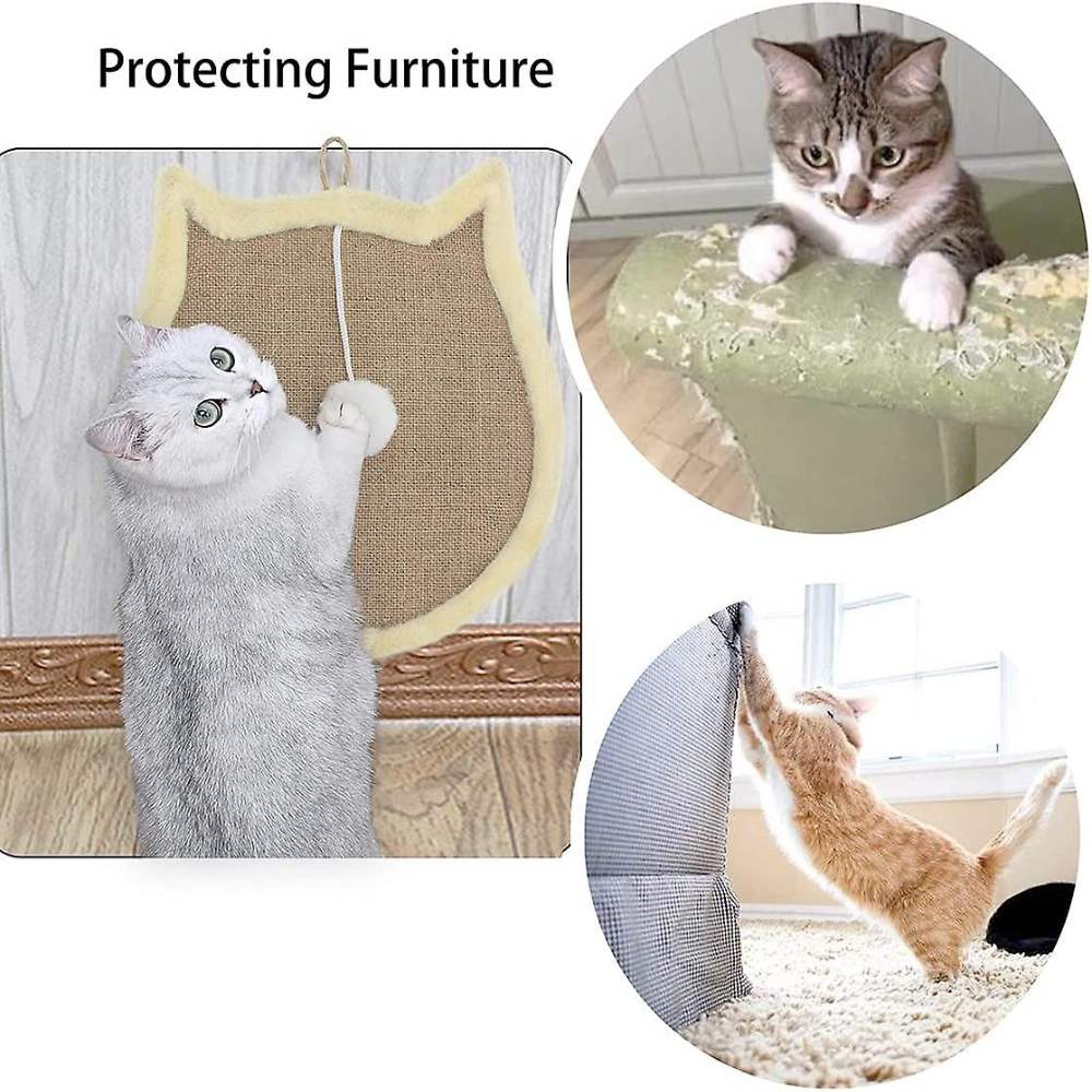 Collage of cats using a scratching pad to protect furniture.