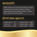 Ingredients and nutritional analysis of a product on a black background with gold text.