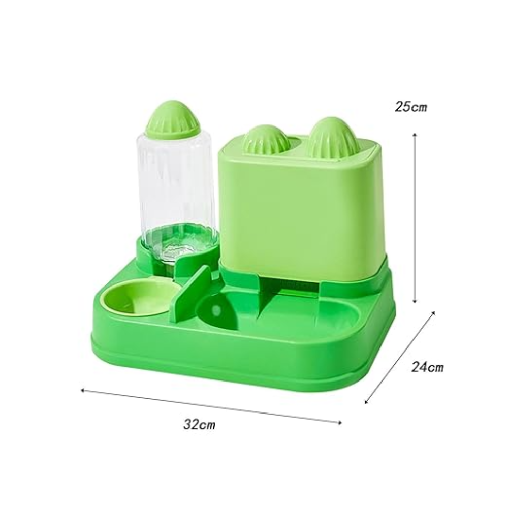 Green pet feeder with water bottle and measurements on a white background
