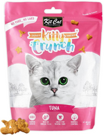 Kit Cat Kitty Crunch tuna cat treats packaging with a white cat on the front.