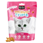 Kit Cat Kitty Crunch tuna cat treats packaging with a white cat on the front.