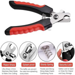 Pet nail clippers with red handle and features highlighted on a white background