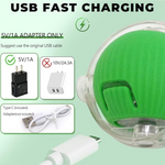 Green electronic device with USB cable and adapter on a light green background