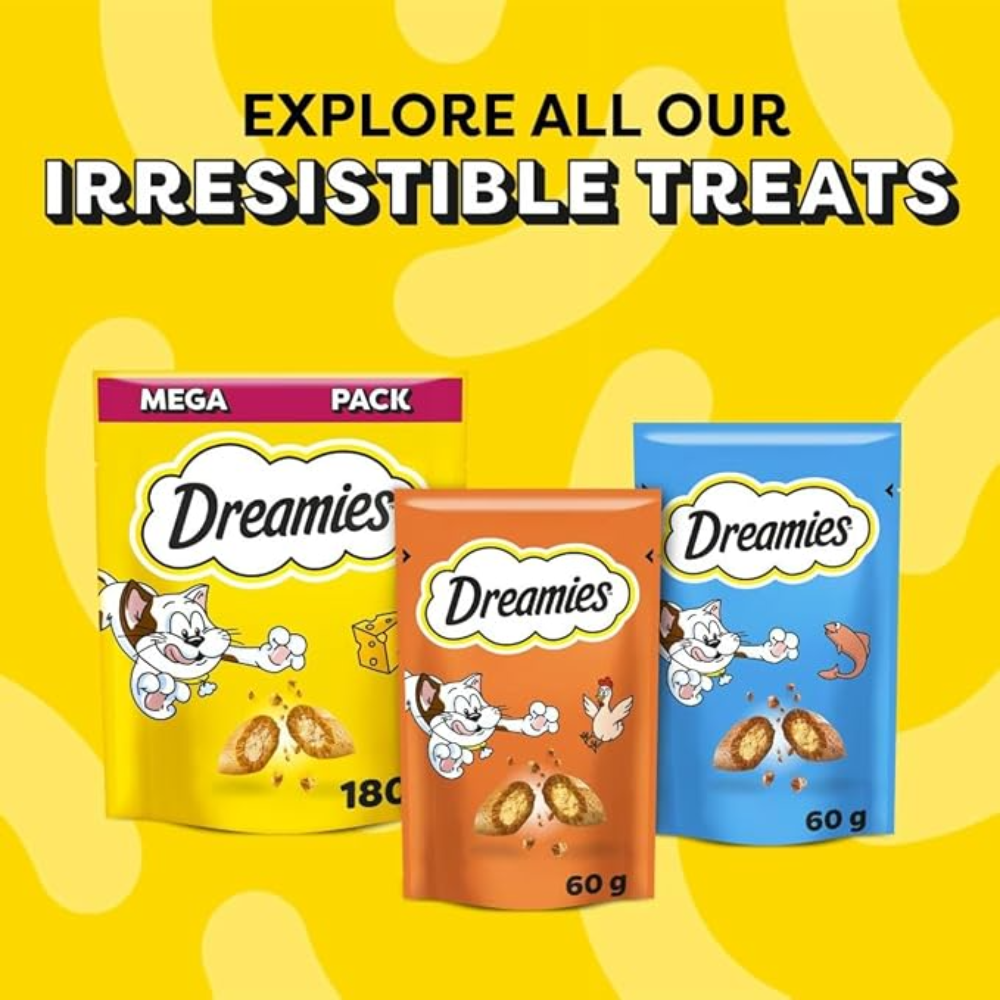 Three Dreamies cat treat packages on a yellow background with text 'Explore all our irresistible treats'.