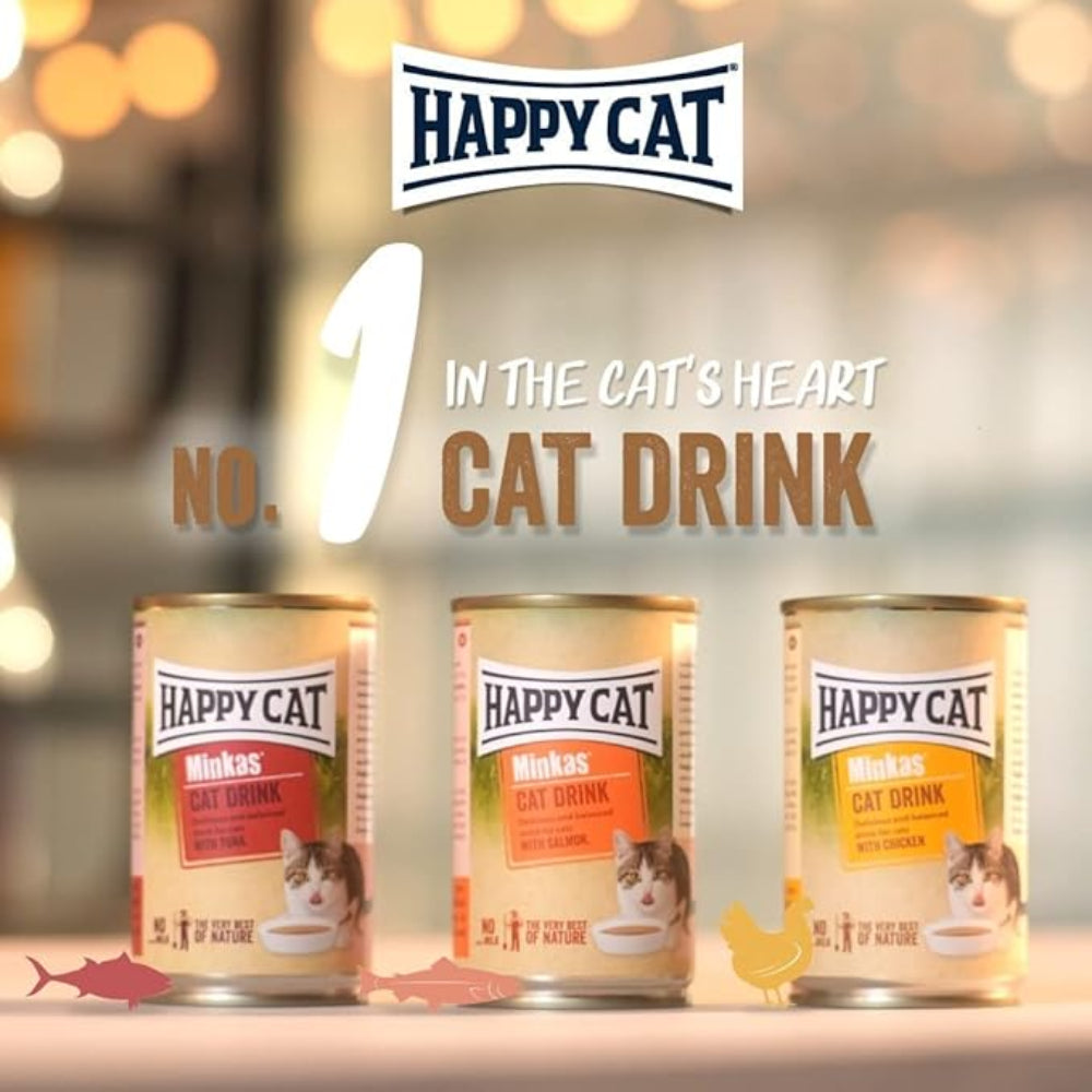 Three cans of Happy Cat cat drink with the brand logo and text 'No. 1 in the cat's heart cat drink' on a blurred background.