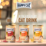 Three cans of Happy Cat cat drink with the brand logo and text 'No. 1 in the cat's heart cat drink' on a blurred background.