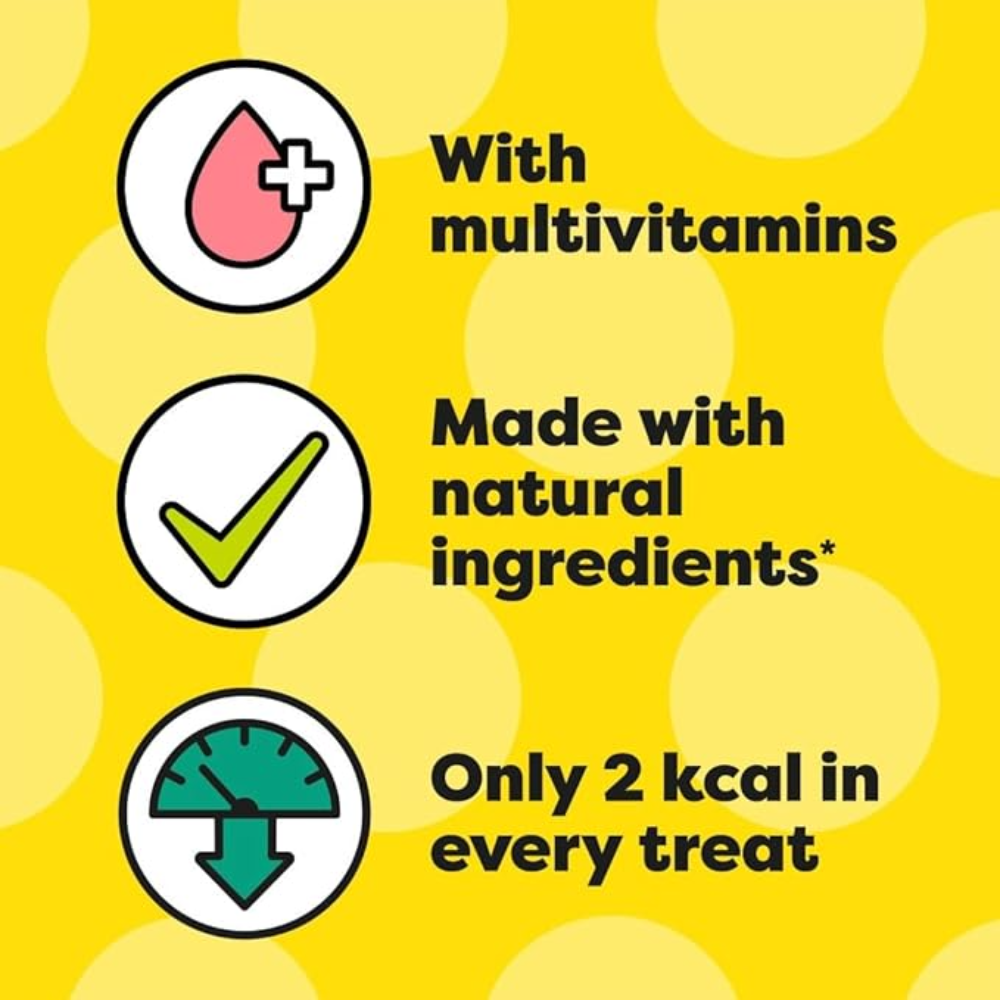 Product description with multivitamins, natural ingredients, and low calorie content on a yellow background.