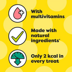 Product description with multivitamins, natural ingredients, and low calorie content on a yellow background.