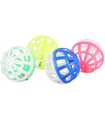 Four colorful plastic balls with mesh designs on a white background