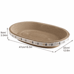 Woven pet bed with dimensions indicated on a white background