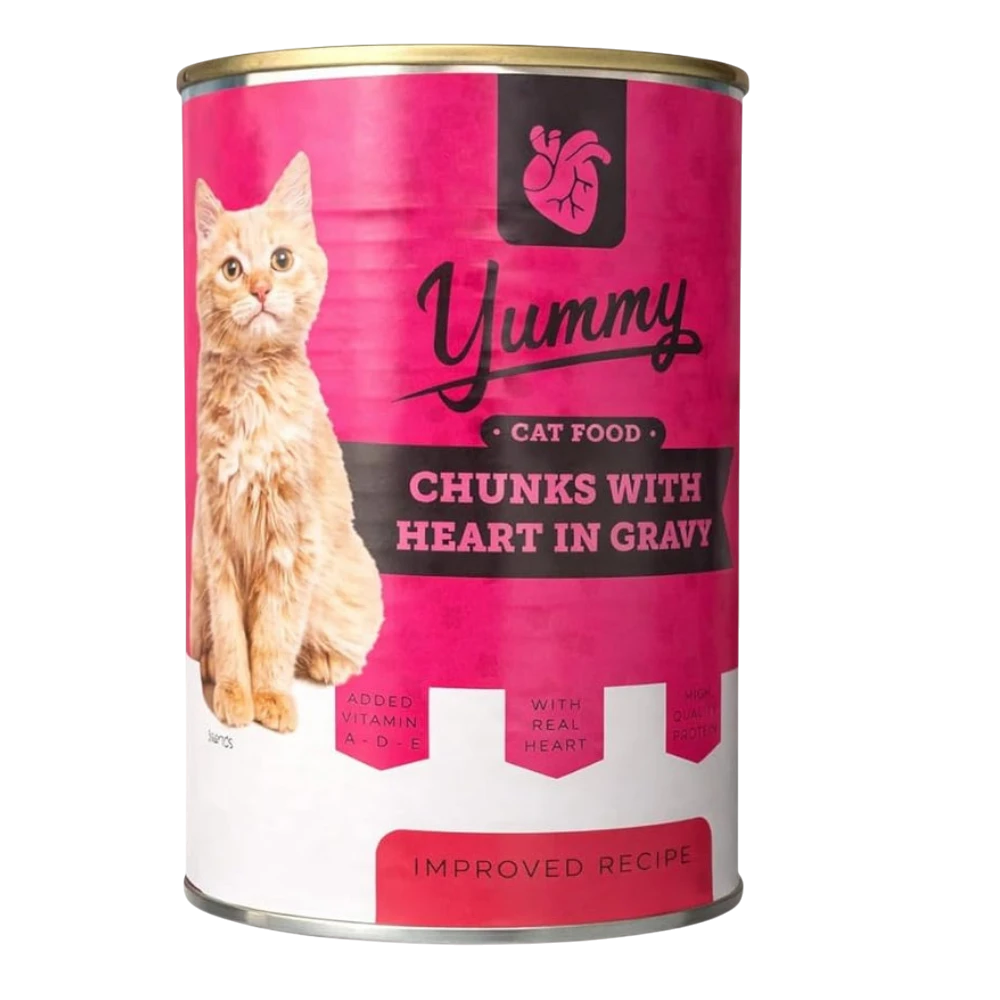Can of Yummy cat food with a pink label and cat illustration on a white background