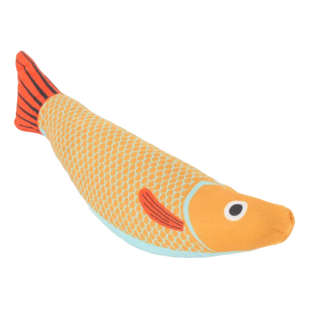Fish-shaped toy with orange and yellow colors on a white background