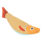 Fish-shaped toy with orange and yellow colors on a white background