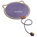 Purple and yellow dog toy with a rope and ball on a white background
