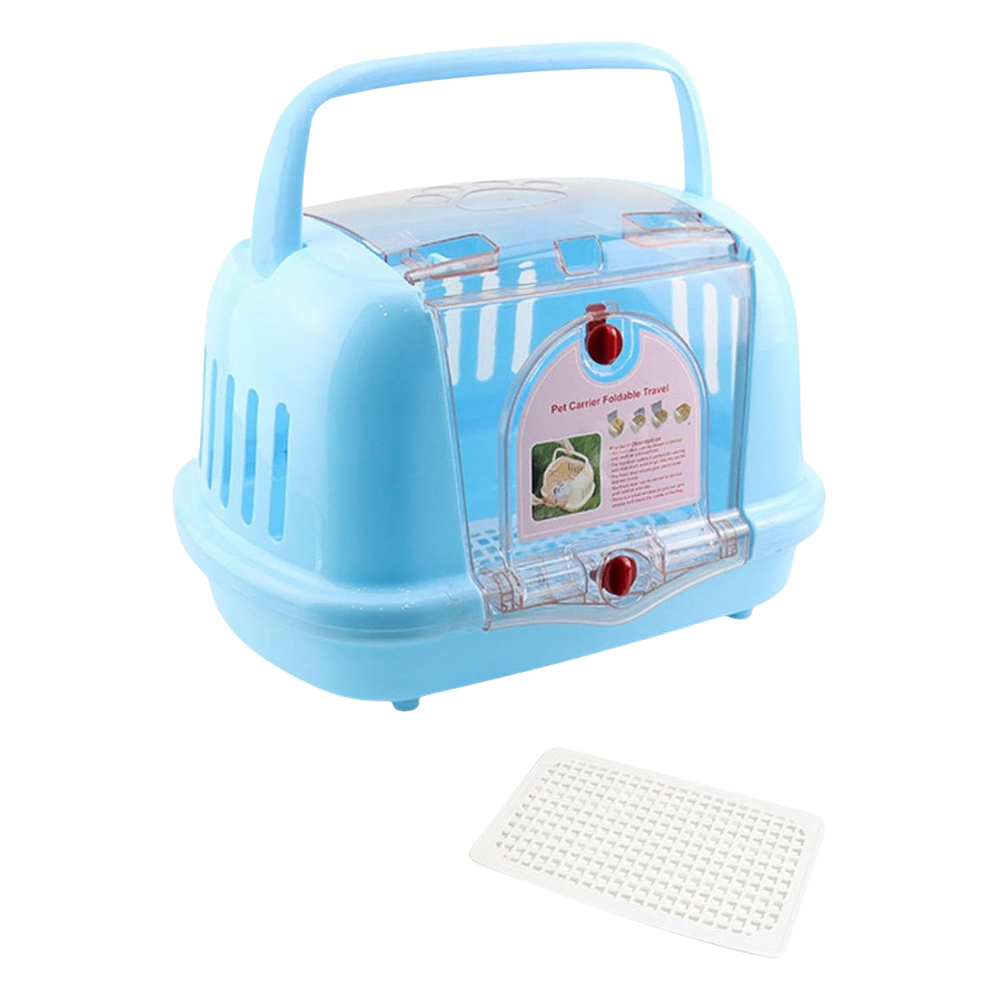 Blue pet carrier with a handle on a white background