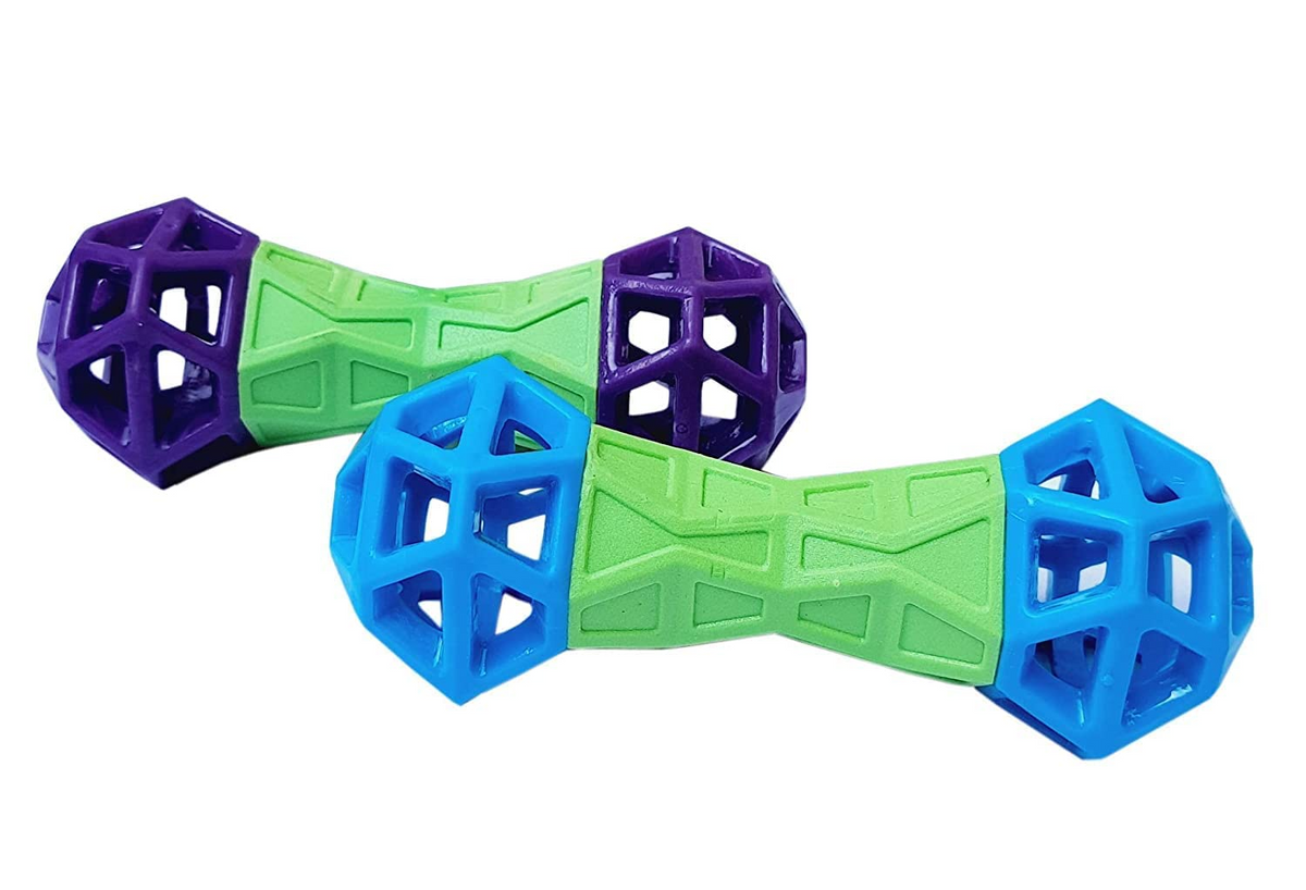 Two green and blue dog toys with geometric design on a white background