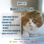 Advertisement for Happy Cat Minkas Cat Drink with a cat looking at the camera.