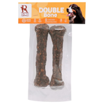 Dog chew toy packaging with 'Double Bone' and Rich brand logo on an orange background.