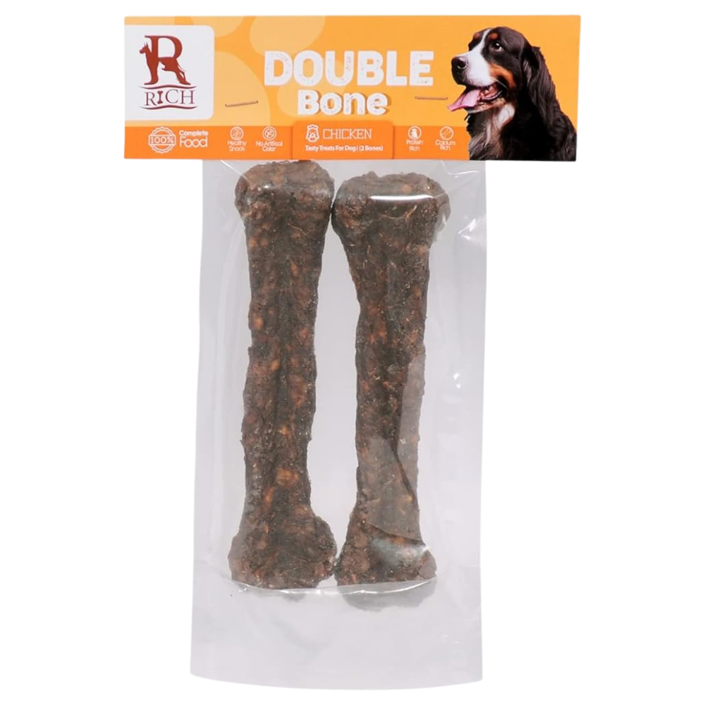 Dog chew toy packaging with 'Double Bone' and Rich brand logo on an orange background.