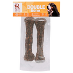 Dog chew toy packaging with 'Double Bone' and Rich brand logo on an orange background.
