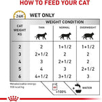 Feeding chart for cats indicating how much to feed based on weight and condition.